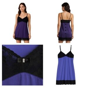 LA VIE EN ROSE Purple & Black Babydoll Lace Slip Dress w/ Rhinestone Bow Sz